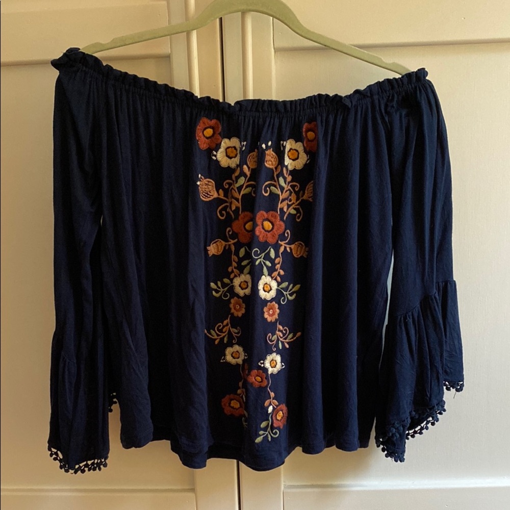 Embroidered Navy Off-Shoulder Top